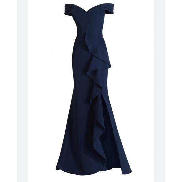 XSCAPE Ruffle Off the Shoulder Scuba Knit Gown Midnight Blue Size 12 NWOT - Picture 2 of 11